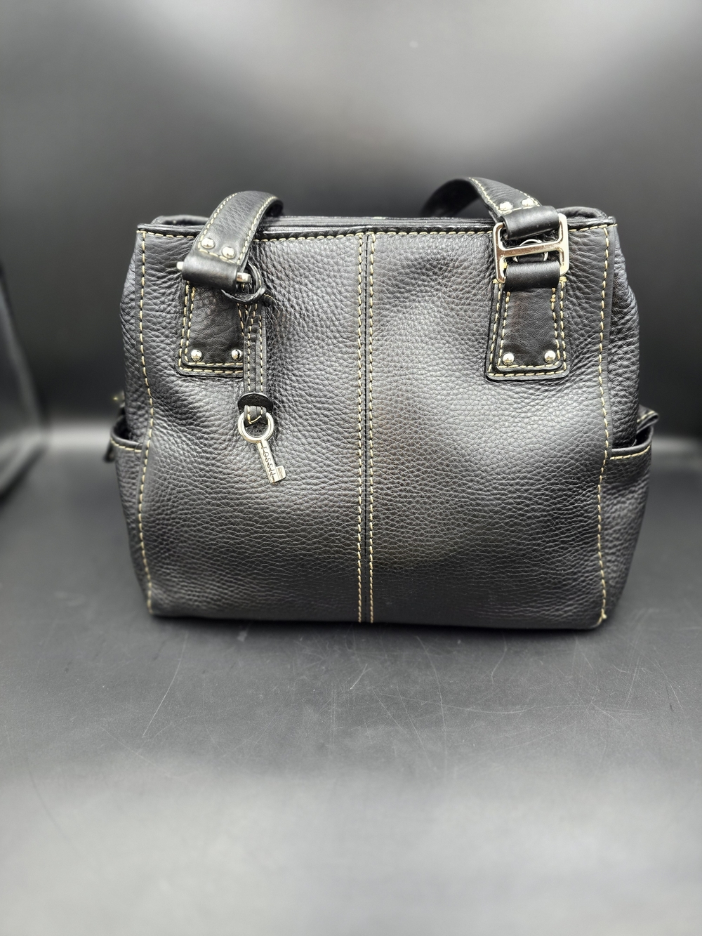 Black Leather Structured Tote Bag with Key Charm